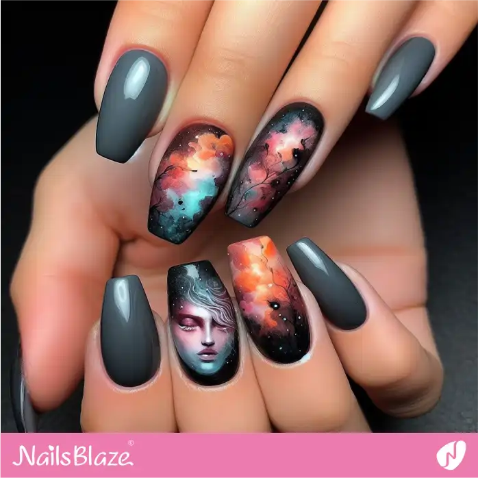 Colorful Smokey Watercolor Nails with Portrait | Paint Nail Art - NB2259